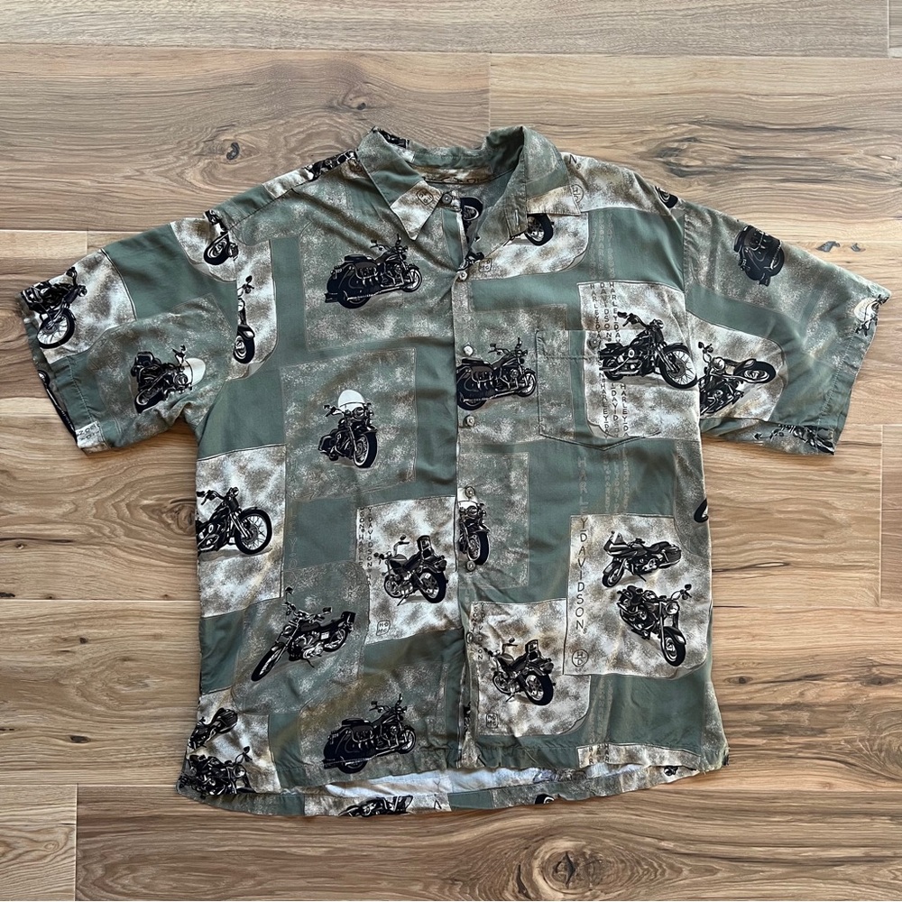 Harley Davidson Green XL Button Down Hawaiian Shirt